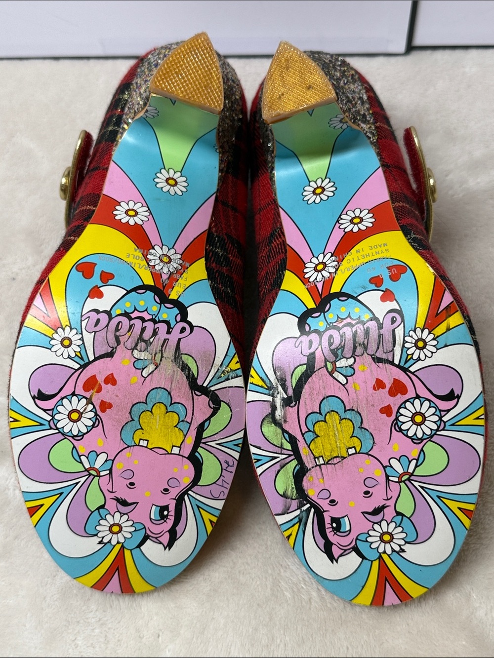 Irregular Choice "Piccolo" Red Tartan Mid Heels w/ Glitter Bows & Hilda Sole 9 - Picture 5 of 12